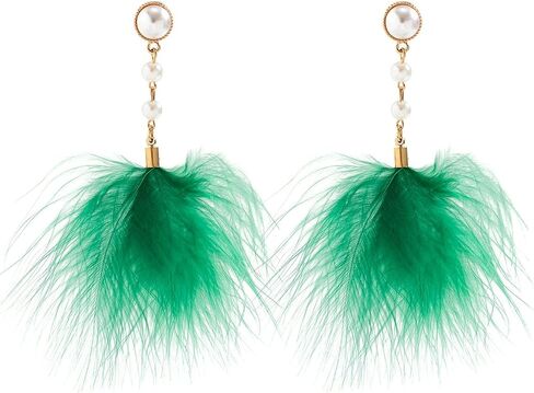 Rannyrena Fluffy Feather Drop Dangle Earrings Vintage Pearl Flocked Feather Tassel Earrings Long Statement Ear Accessories for Women and Girls (Red) in Kuwait