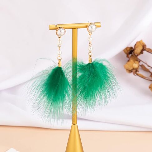 Rannyrena Fluffy Feather Drop Dangle Earrings Vintage Pearl Flocked Feather Tassel Earrings Long Statement Ear Accessories for Women and Girls (Red) in Kuwait