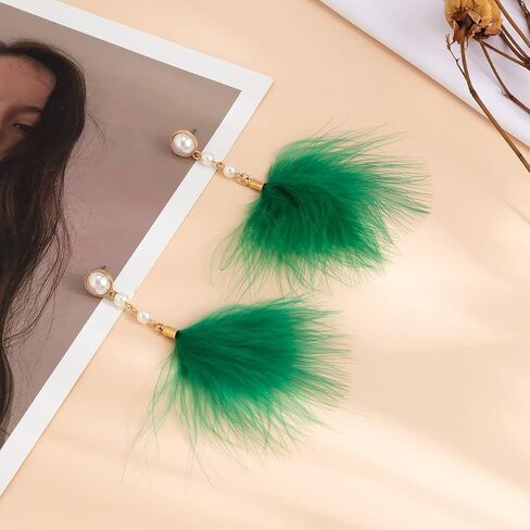 Rannyrena Fluffy Feather Drop Dangle Earrings Vintage Pearl Flocked Feather Tassel Earrings Long Statement Ear Accessories for Women and Girls (Red) in Kuwait