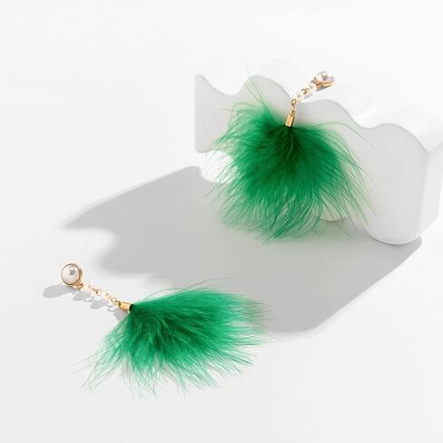 Rannyrena Fluffy Feather Drop Dangle Earrings Vintage Pearl Flocked Feather Tassel Earrings Long Statement Ear Accessories for Women and Girls (Red) in Kuwait