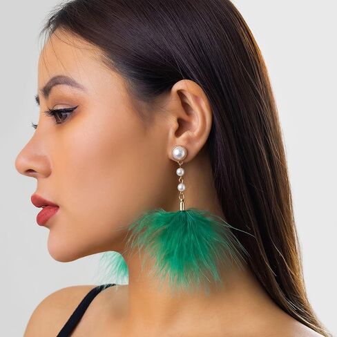 Rannyrena Fluffy Feather Drop Dangle Earrings Vintage Pearl Flocked Feather Tassel Earrings Long Statement Ear Accessories for Women and Girls (Red) in Kuwait