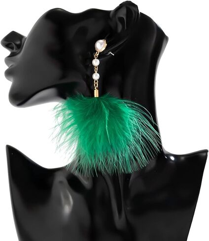 Rannyrena Fluffy Feather Drop Dangle Earrings Vintage Pearl Flocked Feather Tassel Earrings Long Statement Ear Accessories for Women and Girls (Red) in Kuwait