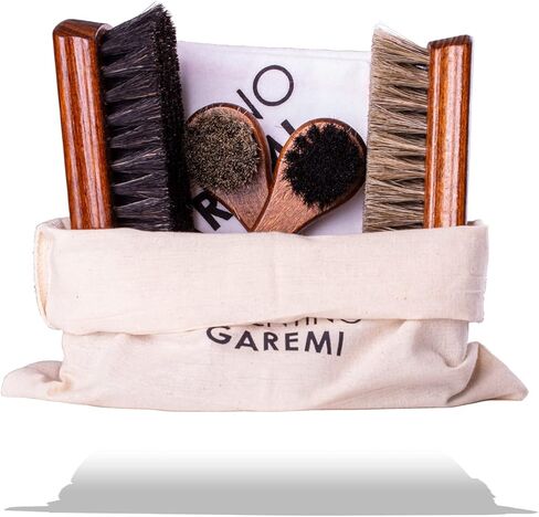 Valentino Garemi Shoe Care Brush Set - 2 Polishing Brushes, Cloth, 2 Applicators Brush - Genuine Horse Hair - Footwear Shine, Polish, Buff and Clean - Made in Germany in Kuwait