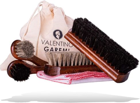 Valentino Garemi Shoe Care Brush Set - 2 Polishing Brushes, Cloth, 2 Applicators Brush - Genuine Horse Hair - Footwear Shine, Polish, Buff and Clean - Made in Germany in Kuwait