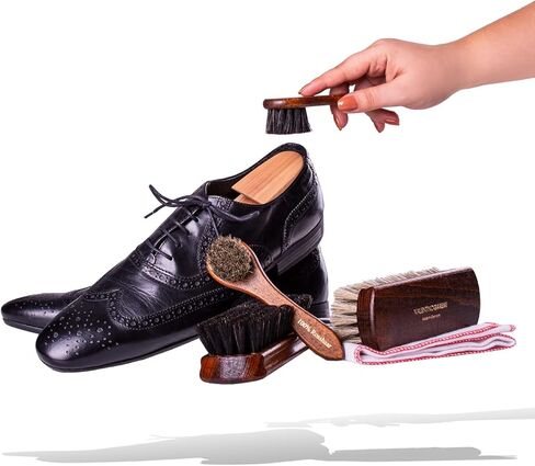 Valentino Garemi Shoe Care Brush Set - 2 Polishing Brushes, Cloth, 2 Applicators Brush - Genuine Horse Hair - Footwear Shine, Polish, Buff and Clean - Made in Germany in Kuwait