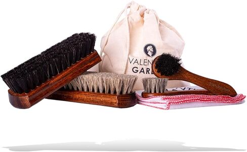 Valentino Garemi Shoe Care Brush Set - 2 Polishing Brushes, Cloth, 2 Applicators Brush - Genuine Horse Hair - Footwear Shine, Polish, Buff and Clean - Made in Germany in Kuwait