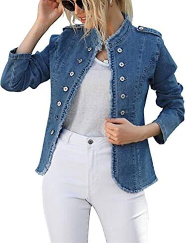 جاكيت جينز كاجوال بياقة واقفة للنساء من كوكي بقصة ضيقة ومفتوحة من الامام واكمام طويلة in Kuwait