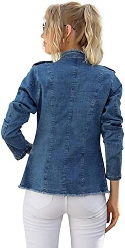 جاكيت جينز كاجوال بياقة واقفة للنساء من كوكي بقصة ضيقة ومفتوحة من الامام واكمام طويلة in Kuwait