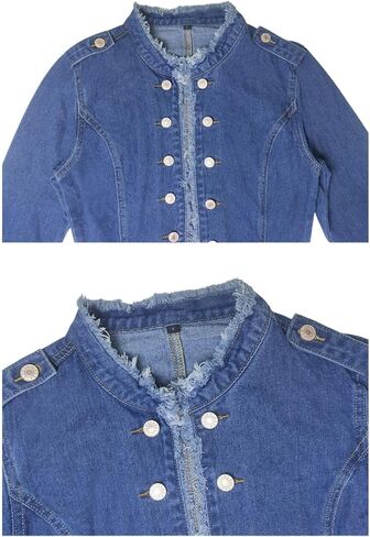 جاكيت جينز كاجوال بياقة واقفة للنساء من كوكي بقصة ضيقة ومفتوحة من الامام واكمام طويلة in Kuwait