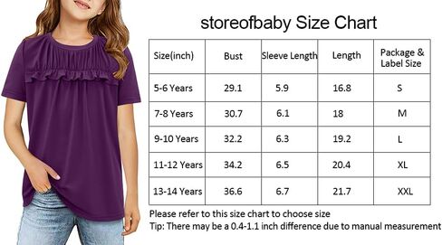 Storeofbaby قمصان بناتي كاجوال بأكمام قصيرة ورقبة دائرية وكشكشة وبلوزات تونيك منفوشة 5-14 سنة in Saudi Arabia
