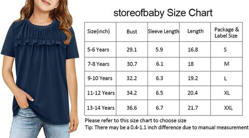 Storeofbaby قمصان بناتي كاجوال بأكمام قصيرة ورقبة دائرية وكشكشة وبلوزات تونيك منفوشة 5-14 سنة in Saudi Arabia