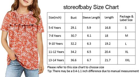 Storeofbaby قمصان بناتي كاجوال بأكمام قصيرة ورقبة دائرية وكشكشة وبلوزات تونيك منفوشة 5-14 سنة in Saudi Arabia
