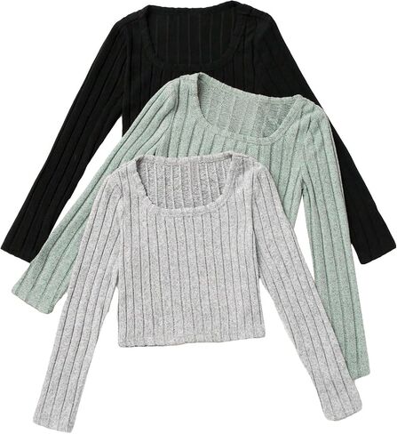 SOLY HUX Girl's Rib Knit T Shirts 3 Piece Square Neck Long Sleeve Fitted Crop Tee Tops in Saudi Arabia