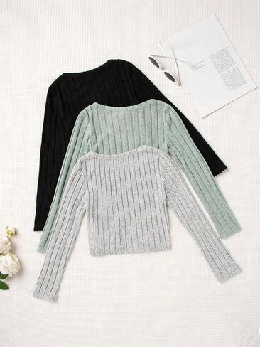 SOLY HUX Girl's Rib Knit T Shirts 3 Piece Square Neck Long Sleeve Fitted Crop Tee Tops in Saudi Arabia