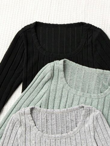 SOLY HUX Girl's Rib Knit T Shirts 3 Piece Square Neck Long Sleeve Fitted Crop Tee Tops in Saudi Arabia