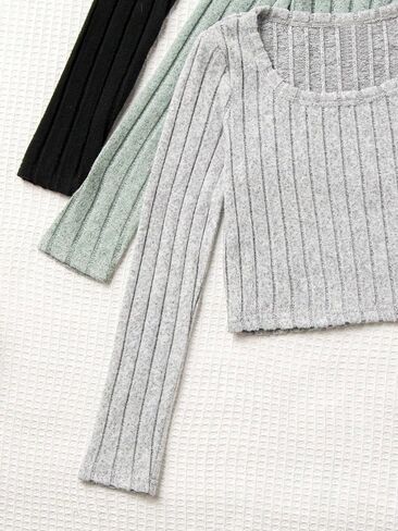 SOLY HUX Girl's Rib Knit T Shirts 3 Piece Square Neck Long Sleeve Fitted Crop Tee Tops in Saudi Arabia