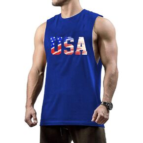 تي شيرت رجالي من GYMLEADER بدون أكمام بعلم الولايات المتحدة الأمريكية لصالة الألعاب الرياضية وكمال الأجسام