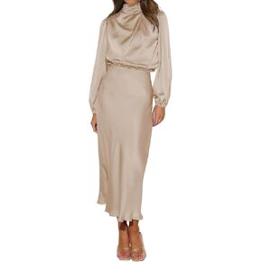 ABEWIP Women's Satin Mock Neck Maxi Dress Long Sleeve Elegant Elastic High Waist Fall Formal Wedding Cocktail Prom in Kuwait