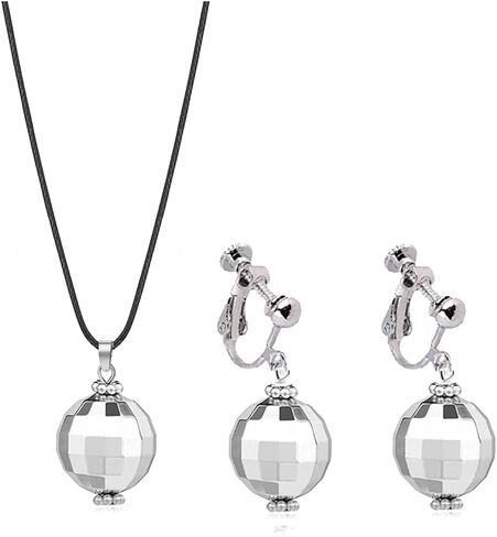 RUIZHEN 60s 70s Silver Disco Ball Clip on Earrings Necklace Set Halloween Mirror Ball Earrings Women's Costume Accessories Set in Saudi Arabia