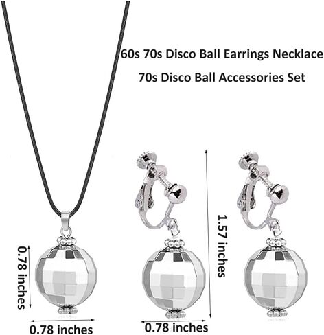 RUIZHEN 60s 70s Silver Disco Ball Clip on Earrings Necklace Set Halloween Mirror Ball Earrings Women's Costume Accessories Set in Saudi Arabia
