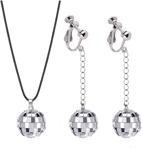 RUIZHEN 60s 70s Silver Disco Ball Clip on Earrings Necklace Set Halloween Mirror Ball Earrings Women's Costume Accessories Set in Saudi Arabia