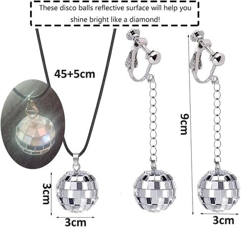 RUIZHEN 60s 70s Silver Disco Ball Clip on Earrings Necklace Set Halloween Mirror Ball Earrings Women's Costume Accessories Set in Saudi Arabia
