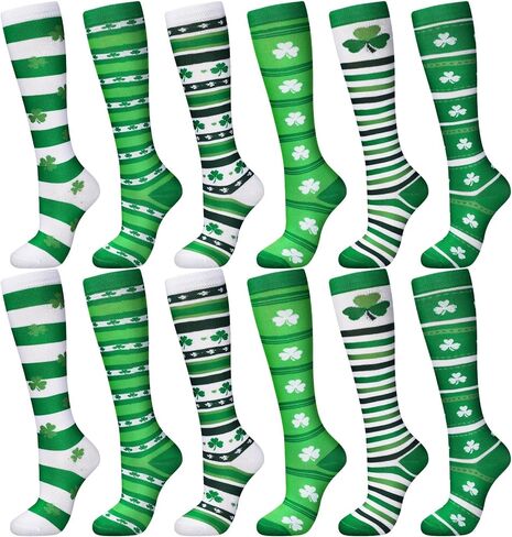 Panitay 12 Pairs St. Patrick's Day Shamrock Socks Irish Green and White Striped Knee Socks for Women Men Costume Party Gifts in Saudi Arabia