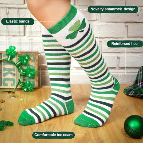Panitay 12 Pairs St. Patrick's Day Shamrock Socks Irish Green and White Striped Knee Socks for Women Men Costume Party Gifts in Saudi Arabia