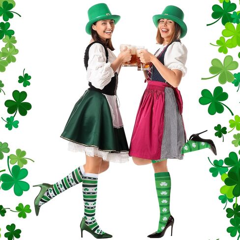 Panitay 12 Pairs St. Patrick's Day Shamrock Socks Irish Green and White Striped Knee Socks for Women Men Costume Party Gifts in Saudi Arabia