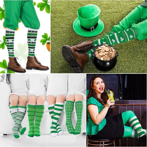Panitay 12 Pairs St. Patrick's Day Shamrock Socks Irish Green and White Striped Knee Socks for Women Men Costume Party Gifts in Saudi Arabia
