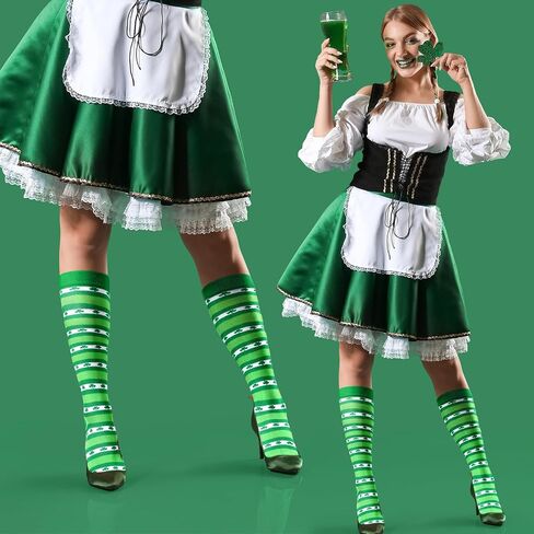 Panitay 12 Pairs St. Patrick's Day Shamrock Socks Irish Green and White Striped Knee Socks for Women Men Costume Party Gifts in Saudi Arabia