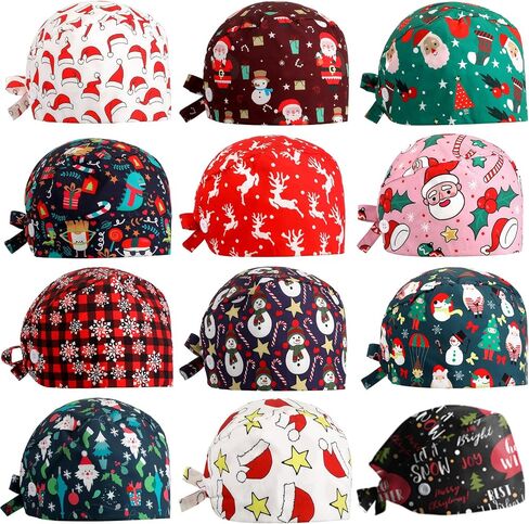 Liitrsh 12 Pcs Christmas Bouffant Scrub Caps Xmas Adjustable Sweatband Working Cap Christmas Surgical Caps for Women Cute Print Bouffant Hats with Button for Women Men Nurse Doctor in Saudi Arabia