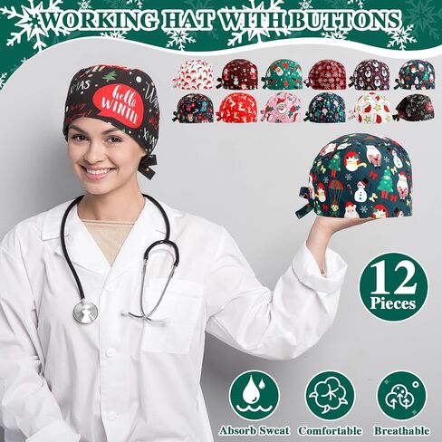 Liitrsh 12 Pcs Christmas Bouffant Scrub Caps Xmas Adjustable Sweatband Working Cap Christmas Surgical Caps for Women Cute Print Bouffant Hats with Button for Women Men Nurse Doctor in Saudi Arabia