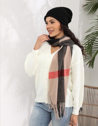 PAMFOIEL وشاح شتوي منقوش للسيدات من صوف الكشمير يشعر بالدفء الناعم وخفيف الوزن وشاح أنيق أنيق مزين بشراشيب 2023 بني in Kuwait