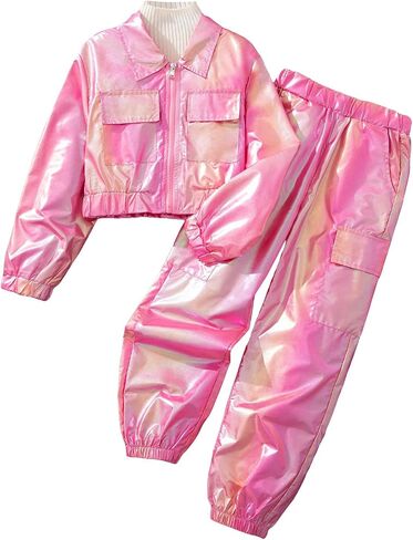 WDIRARA Girl's 2 Piece Holographic Outfit Flap Pocket Zip Up Jacket and Elastic Waist Pants Set in Saudi Arabia