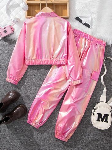 WDIRARA Girl's 2 Piece Holographic Outfit Flap Pocket Zip Up Jacket and Elastic Waist Pants Set in Saudi Arabia