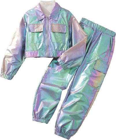 WDIRARA Girl's 2 Piece Holographic Outfit Flap Pocket Zip Up Jacket and Elastic Waist Pants Set in Saudi Arabia