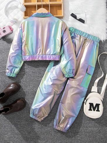 WDIRARA Girl's 2 Piece Holographic Outfit Flap Pocket Zip Up Jacket and Elastic Waist Pants Set in Saudi Arabia