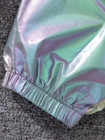 WDIRARA Girl's 2 Piece Holographic Outfit Flap Pocket Zip Up Jacket and Elastic Waist Pants Set in Saudi Arabia