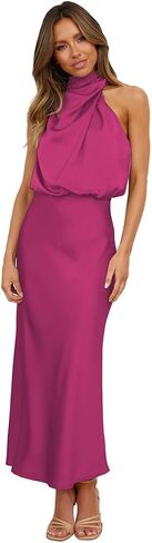 ABEWIP Women's Satin Mock Neck Maxi Dress Long Sleeve Elegant Elastic High Waist Fall Formal Wedding Cocktail Prom in Saudi Arabia