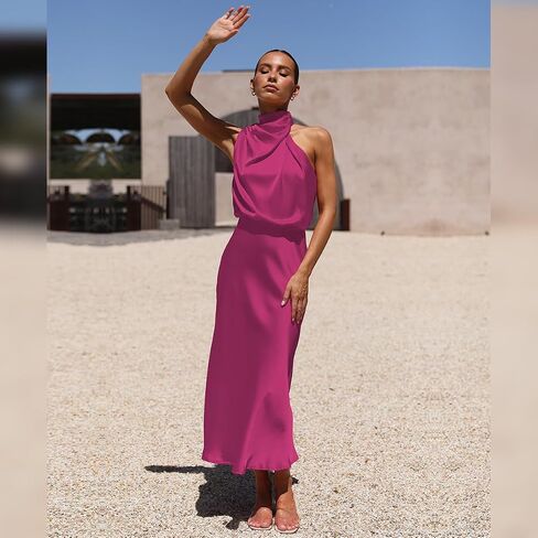 ABEWIP Women's Satin Mock Neck Maxi Dress Long Sleeve Elegant Elastic High Waist Fall Formal Wedding Cocktail Prom in Saudi Arabia