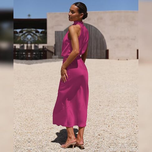 ABEWIP Women's Satin Mock Neck Maxi Dress Long Sleeve Elegant Elastic High Waist Fall Formal Wedding Cocktail Prom in Saudi Arabia