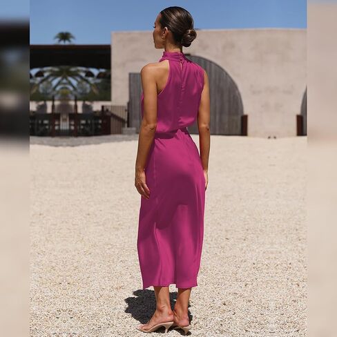 ABEWIP Women's Satin Mock Neck Maxi Dress Long Sleeve Elegant Elastic High Waist Fall Formal Wedding Cocktail Prom in Saudi Arabia