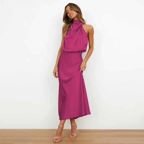 ABEWIP Women's Satin Mock Neck Maxi Dress Long Sleeve Elegant Elastic High Waist Fall Formal Wedding Cocktail Prom in Saudi Arabia