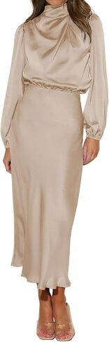 ABEWIP Women's Satin Mock Neck Maxi Dress Long Sleeve Elegant Elastic High Waist Fall Formal Wedding Cocktail Prom in Kuwait