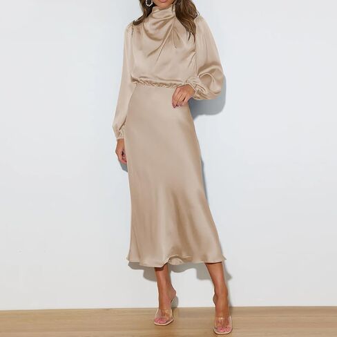 ABEWIP Women's Satin Mock Neck Maxi Dress Long Sleeve Elegant Elastic High Waist Fall Formal Wedding Cocktail Prom in Kuwait