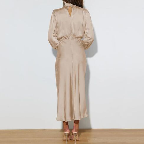 ABEWIP Women's Satin Mock Neck Maxi Dress Long Sleeve Elegant Elastic High Waist Fall Formal Wedding Cocktail Prom in Kuwait