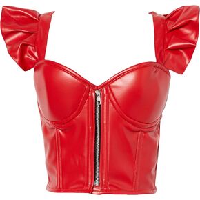 Daisy corsets womens Red Faux Leather Bustier Top W/Ruffle Sleeves