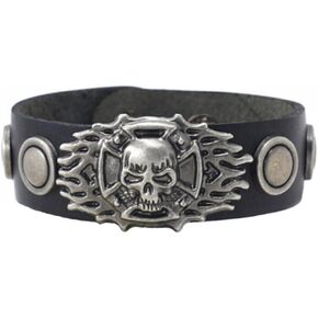 Berné Black Leather Skull Bracelet for Mens Boys Teens, Real Boho Leather Stainless with Steel Ornaments 21mm Wide Punk Biker Motorcycle Wrap Wristband Bracelet in Kuwait
