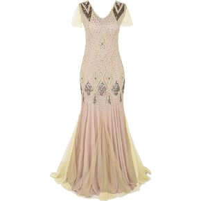 Women’s 1920s Vintage Sequins Fringe Long Gatsby Flapper Dress Formal Wedding Evening Maxi Gown Party Cocktail Dresses